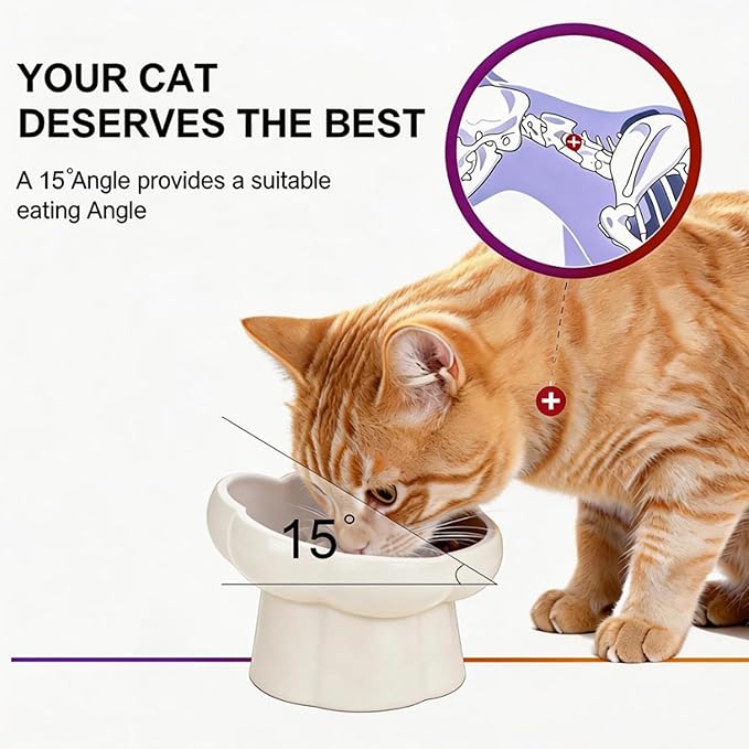 Cat Slow Feeder Flower-Shaped Ceramic Slow Feeder Cat Bowl, Tilted Raised Cat Slow Feeder Bowl for Whisker Relief, Prevents Vomiting & Bloating, Non-Slip Base (Pure Pink)
