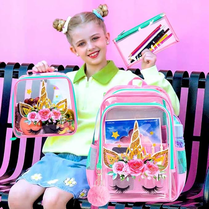 CCJPX 3Pcs Clear Backpack for Girls, School Transparent Bookbag, Heavy Duty See Through Backpacks for Teens Elementary