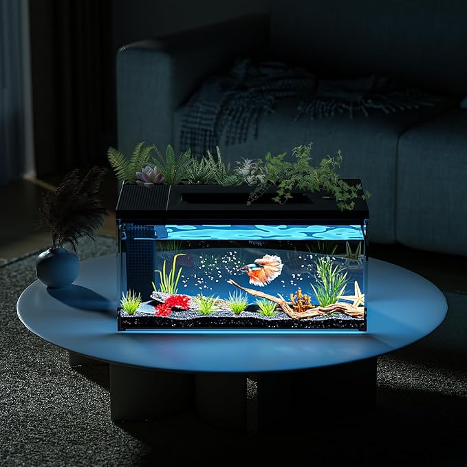 ERAARK 3.7 Gallon Betta Fish Tank self Cleaning,Smart Aquarium Aquarium kit with Filter Light Water Pump (Black)