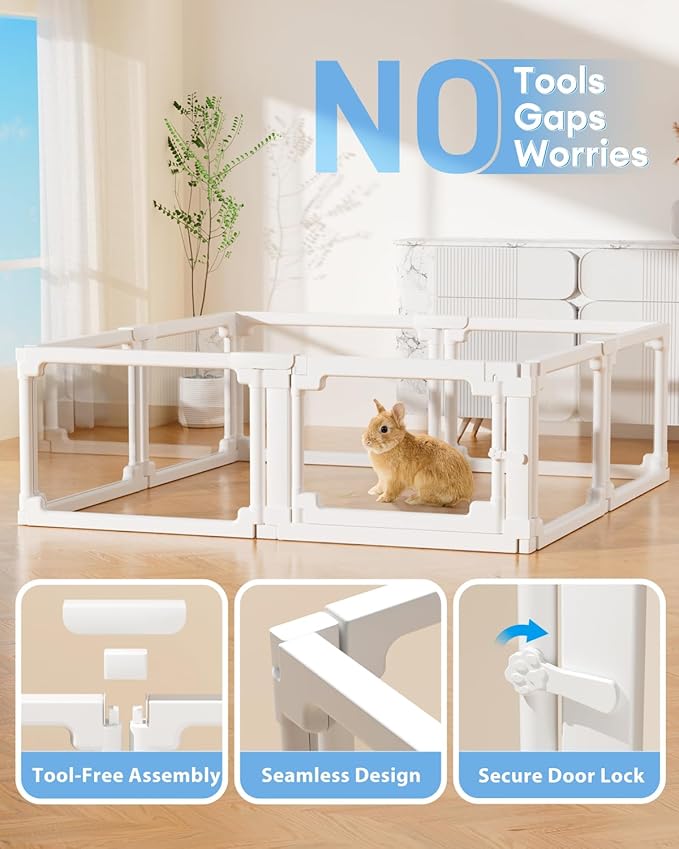 BUCATSTATE Acrylic Guinea Pig Cages 15.8"H, 7.8 sq ft Large Guinea Pig Playpen, Tool-Free Rabbit Cage Indoor, Small Animal Playpen with Door for Bunny, Piggies, Chicks (47"L x 24"W x 16"H, 6 Panels)