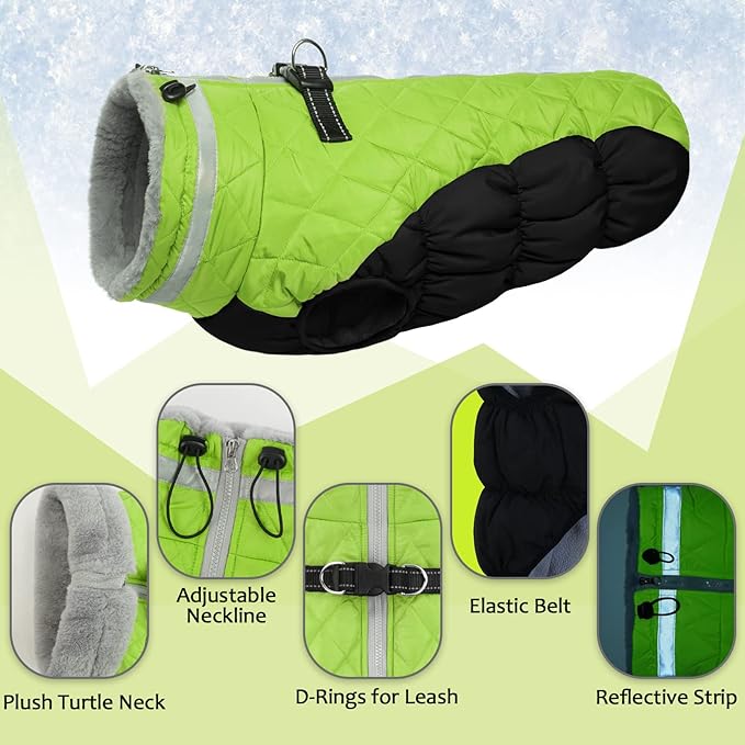 Lelepet Dog Coat Warm Dog Winter Coat Waterproof Dogs Jacket with Harness Built in Reflective Pet Fleece Vest Zip-Up Cold Weather Coats for Large Dogs Turtleneck & Windproof Coats Boxer Lime XL