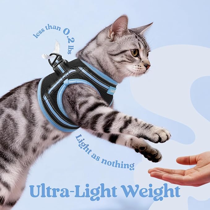 rabbitgoo Cat Harness and Leash Set for Walking Escape Proof, Adjustable Soft Kittens Vest with Reflective Strip for Cats, Comfortable Outdoor Vest, Black & Light Blue, M