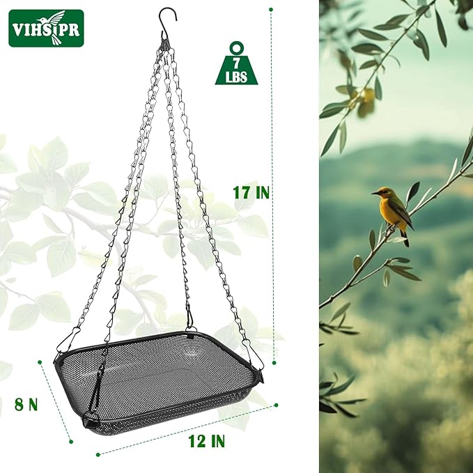 Hanging Bird Feeder for Outdoors – 12 x 8 in Rectangular Platform Bird Feeder, Metal Mesh Seed Tray for Wild Birds, Black