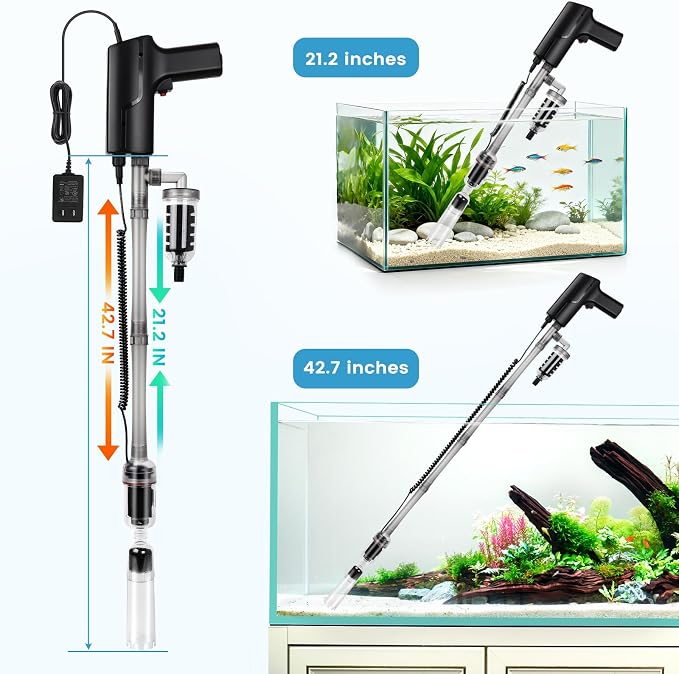 hygger Battery Powered Aquarium Vacuum Gravel Cleaner, 6 in 1 Automatic Fish Tank Vacuum Handle Control, Powerful Gravel Vacuum for Aquarium, Water Changer Sand Washer Water Filter Adjustable Length