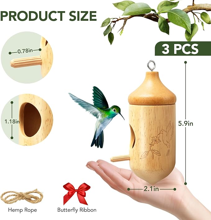 Hummingbird House, Small Hummingbird Houses for Outside, Wooden Bird House with Bow, String, Cute Gardening Gifts Home Decoration