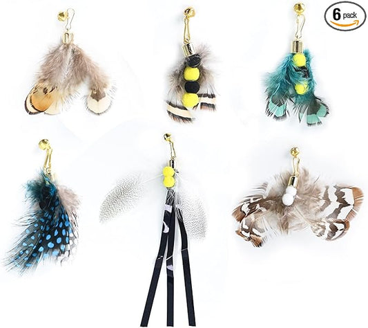 Cat Insect Feather Toys Replacement Cat Toy Wand Refills, 6 Pieces Natural Insect Cat Toy Feathers Refill, Interactive Cat Teaser Wand Attachments, with Bell
