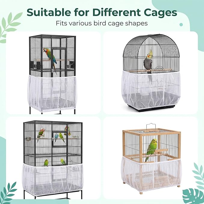 White Bird Cage Seed Catcher, Universal Bird Cage Seed Catcher Adjustable Soft Airy Nylon Mesh Net Lightweight Mesh Skirt for Parrot Cages Stops Scatter Round Square Cages