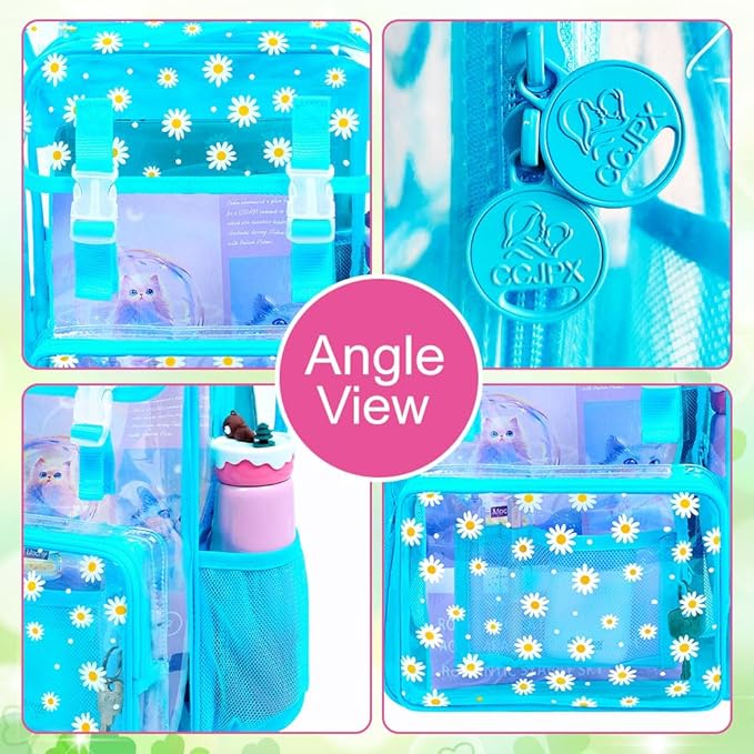 17" Daisy Clear Backpack for Girls - 3Pcs Flip Design Stadium Approved Set, Waterproof Campus/School Transparent Bookbag (Blue)