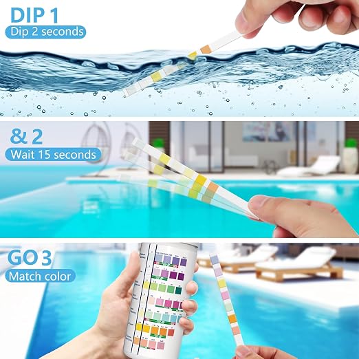 DIP&GO 7 in 1 Pool and Hot Tub Test Strips-125 Spa Test Strips for Hot Tub | Swimming Pool Test Kit for Bromine, Free Chlorine, pH, Total Alkalinity, Hardness, Cyanuric Acid and Total Chlorine