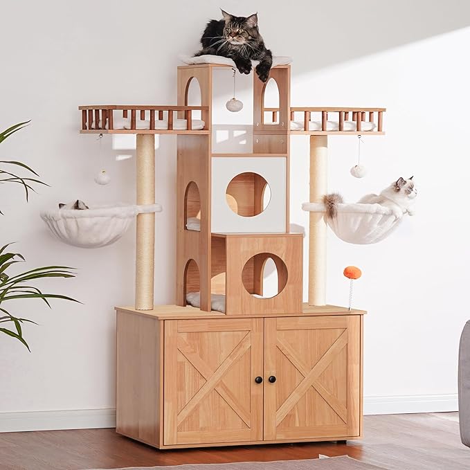 Heybly Cat Tree with Litter Box Enclosure for Indoor Big Cat, Cat Tower for Large Cats 20lbs Heavy Duty, Modern Cat Condo Furniture with Scratching Posts, Walnut HCT110WB