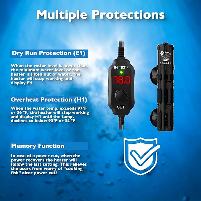 AquaMiracle Submersible Aquarium Heater, 25W Fish Tank Heaters with LED Digital Temp Display, Dry-Run Auto Power-Off & Overheat Protection, for Freshwater and Saltwater Tanks (3-5 Gal)