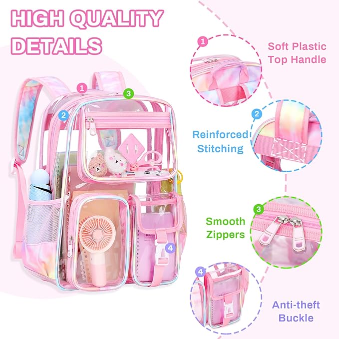 PIG PIG GIRL Clear Backpack for School,Heavy Duty PVC Transparent Bookbag for Girls Stadium Approved See Through Backpack