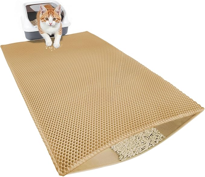 47.2''x27.6''Inch, Cat Litter Trapping Mat, Double Layer Waterproof Proof Litter Box mat, Non-Slip Design, Reduces Litter Scatter, Easy to Clean, Beige Cat Litter Mat