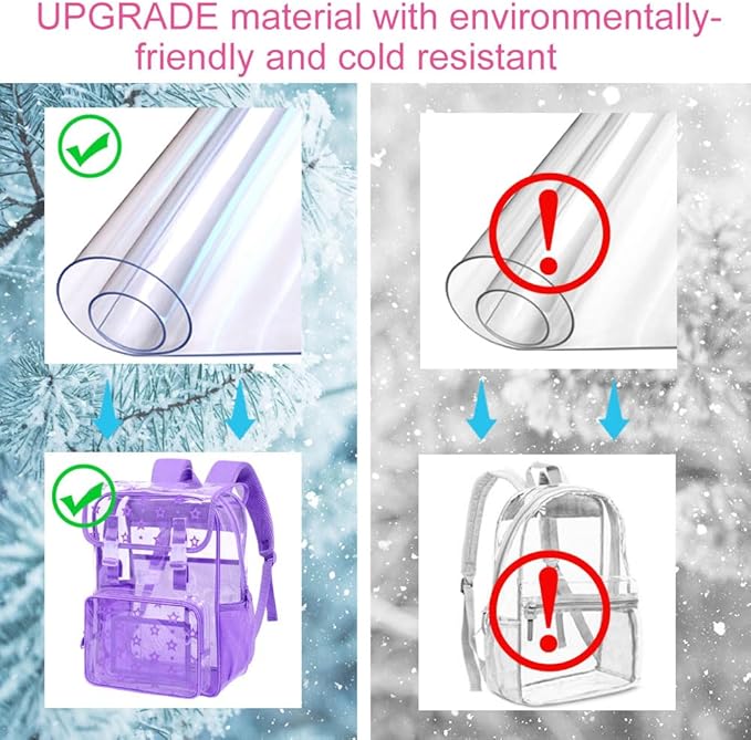 17" Clear Backpack for Girls - 3Pcs Flip Design Stadium Approved Set, Campus/Travel Transparent Bookbag (Purple)
