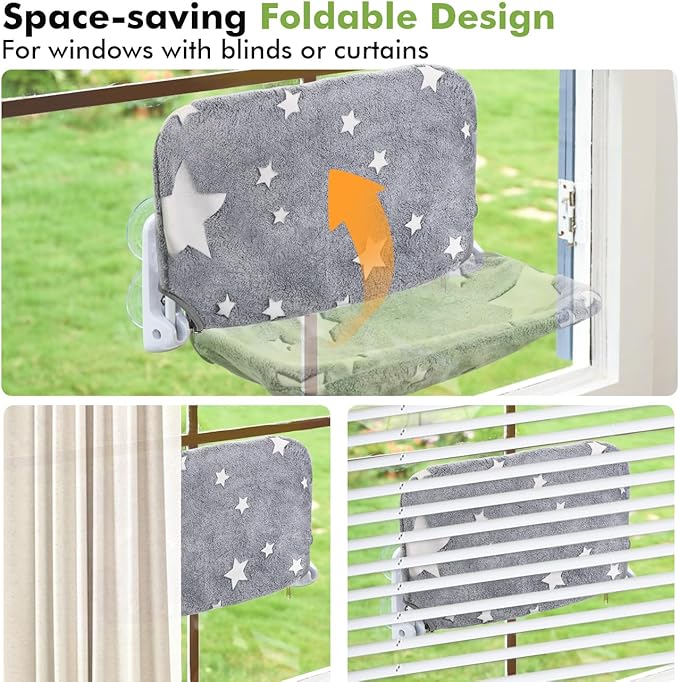Zoratoo 2PC Cat Window Perch, Glow in The Dark Cordless Foldable Pet Hammock Bed for Window with Sturdy Metal Frame, Glowing Stars Pattern Resting Seat for Indoor Cats (2PC Stars - L)