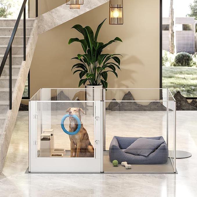 BingoPaw Clear Dog Playpen Fence: 64"x43" Extra Tall Transparent Pet Acrylic Playpen Expandable with Bottom and Door for Dogs Bunny