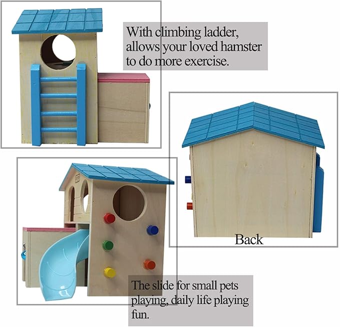 kathson Hamster House Pets Small Animal Hideout with Funny Climbing Ladder Slide Wooden Hut Play Toys Chews for Small Animals Like Dwarf Hamster and Mouse(Blue)