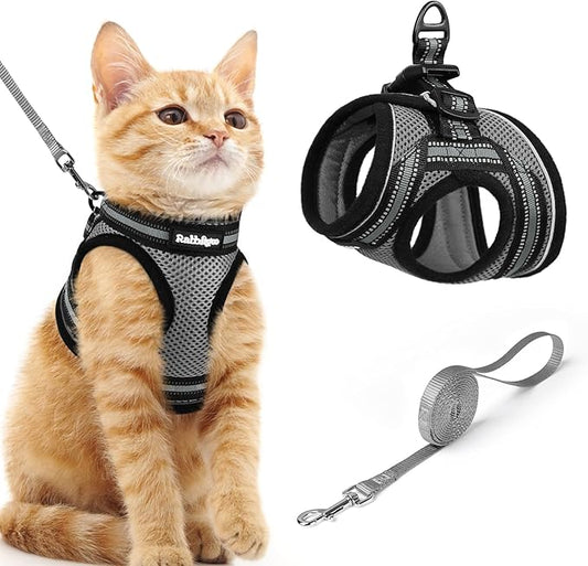 rabbitgoo Cat Harness and Leash Set for Walking Escape Proof, Adjustable Soft Kittens Vest with Reflective Strip for Cats, Comfortable Outdoor Vest, Grey, M