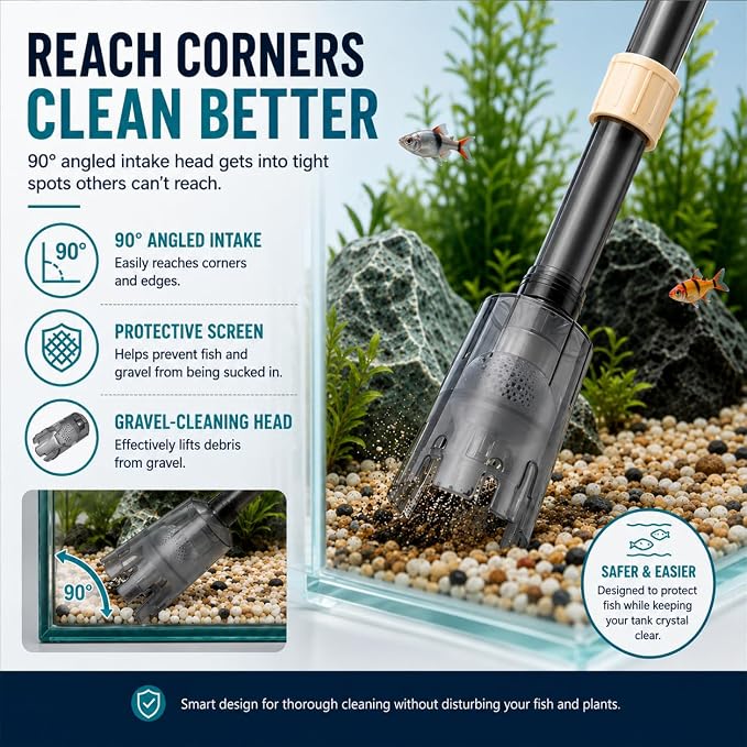 ORIXA 6-in-1 Electric Aquarium Gravel Cleaner & Water Changer, Fish Tank Vacuum with 520 L/H Powered Suction, Dual Power, Filter Bag, Adjustable 40–95 cm Tube & 90° Cleaning Head