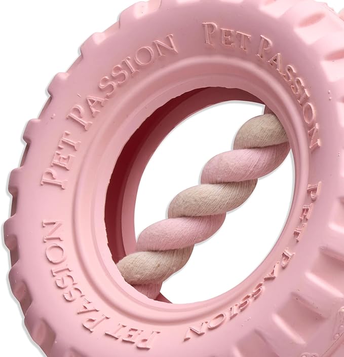 Pet Passion Natural Rubber Tire and Organic Cotton Rope Pull and Chew Dog Toy for All Pet Breeds, Blush, Medium