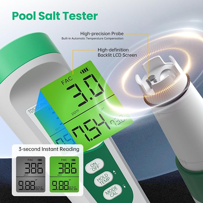 Salt Tester for Saltwater Pool & PH Meter, High Accuracy Pool Salt Tester, 5 in 1 Salinity PH Temp EC TDS Meter for Pool Hot Tub Swimming Aquarium, Daily Maintenance & Water Quality Testing, Green