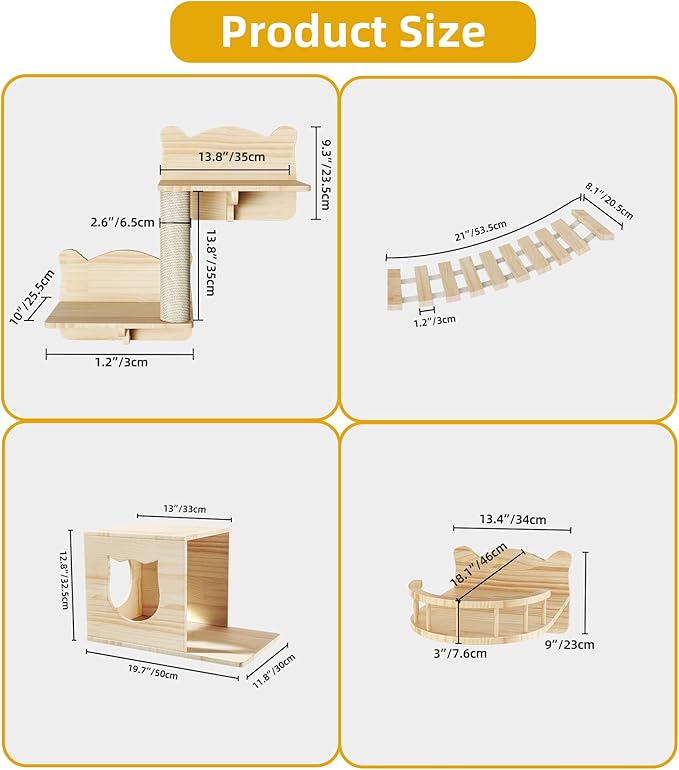 Cat Wall Shelves, Cat Shelves and Perches for Wall, Set of 9 Wooden Cats Shelf Furniture with Scratching Post, House, Condo, Bridge Ladder for Multiple Cats