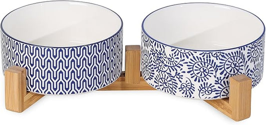 Selamica Ceramic 30 OZ Dog Bowls, Dog Food and Water Bowls with Wooden Stand, Anti-Slip Dogs Dishes Set for Cats Small & Medium Sized Dogs, Weighted Pet Bowls Set of 2, Vintage Blue B