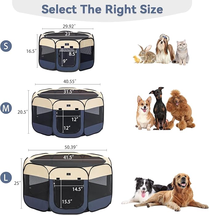 Dog Playpen for Small Dogs & Puppies, 50.39" Portable Indoor Outdoor Puppy Playpen with Bowl, Waterproof Floor, Foldable Pop-Up Pet Pen for Home, Travel & Daily Use, Blue+Beige
