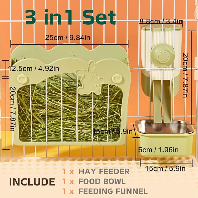 Rabbit Hay Feeder, 3-in-1 Feeding Set with Food Bowl and Hanging Funnel for cage, Hay Rack for Bunny Guinea Pig Chinchilla (Green)