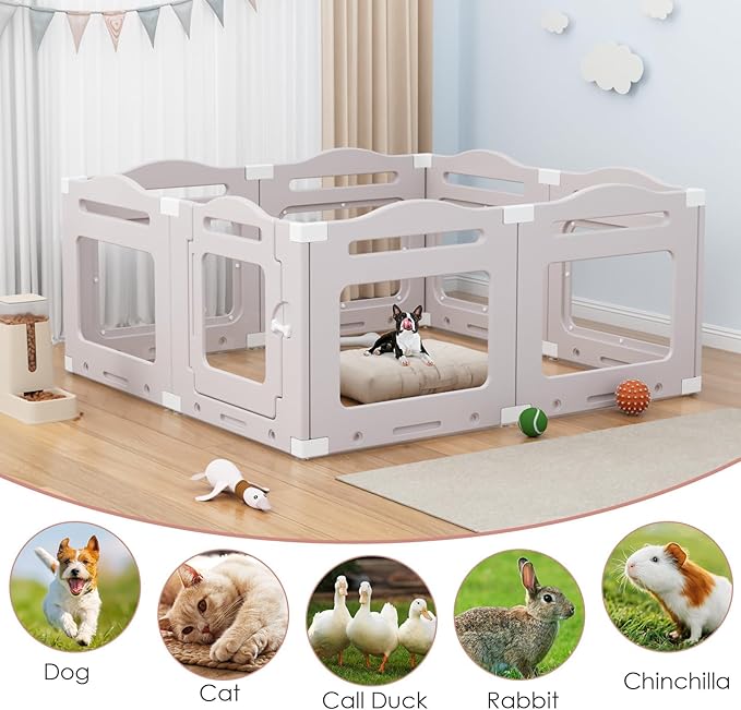 Acrylic Dog Playpen Indoor, Puppy Cat Small Pet Play Pen, 50.8" L x 50.8" W x 23.6" H Clear PlayPen for Cat Rabbit Ferret, Dog Fence Crate Whelping Cage (Apricot Gray, 8 Panel)