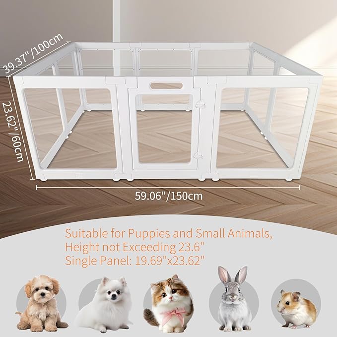 Clear Acrylic Dog Playpen Indoor, Pet Play Pen for Small Dogs Cats Rabbits, 23 Inch-H Pet Fence Crate Kennel Whelping Cage, Easy Assemble, White (8)