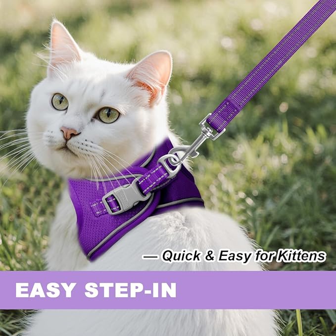 Cat Harness and Leash Set,Escape Proof Kitten Harness,Step in Adjustable Soft Lightweight,Easy Control,Reflective Strips Comfortable for Walking Travel(Purple,XXS)