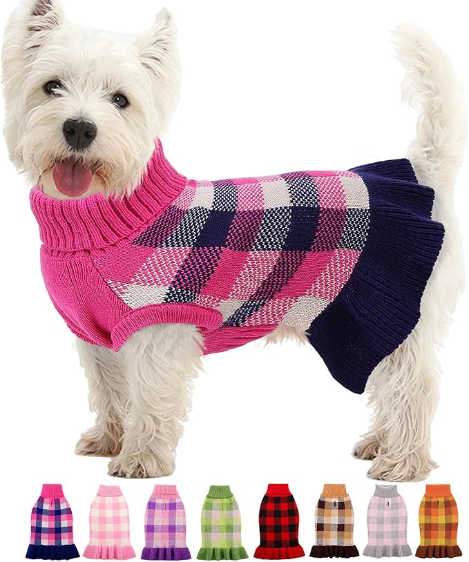 Dog Sweater Dress Plaid Knitwear for Small Medium Dogs Warm Puppy Pet Turtleneck Stretch Pullover Cute Fall Winter Vest Clothes with Leash Hole for Christmas (Navy, XL)