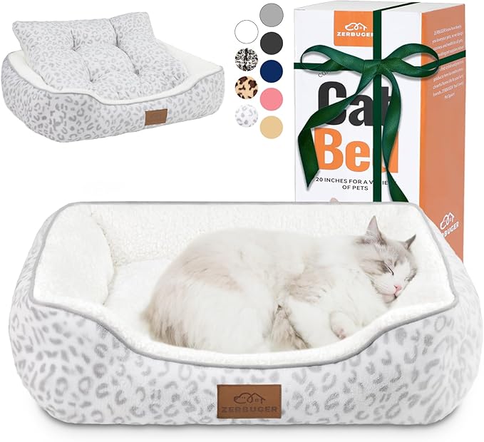 Zerbuger Rectangle Cat Dog Bed for Large Medium Small Pets Indoor Outdoor Machine Washable Sleeping Sofa Non-Slip Bottom Soft Puppy Bed Durable Orthopedic Calming Pet Cuddler (Medium, White Leopard)