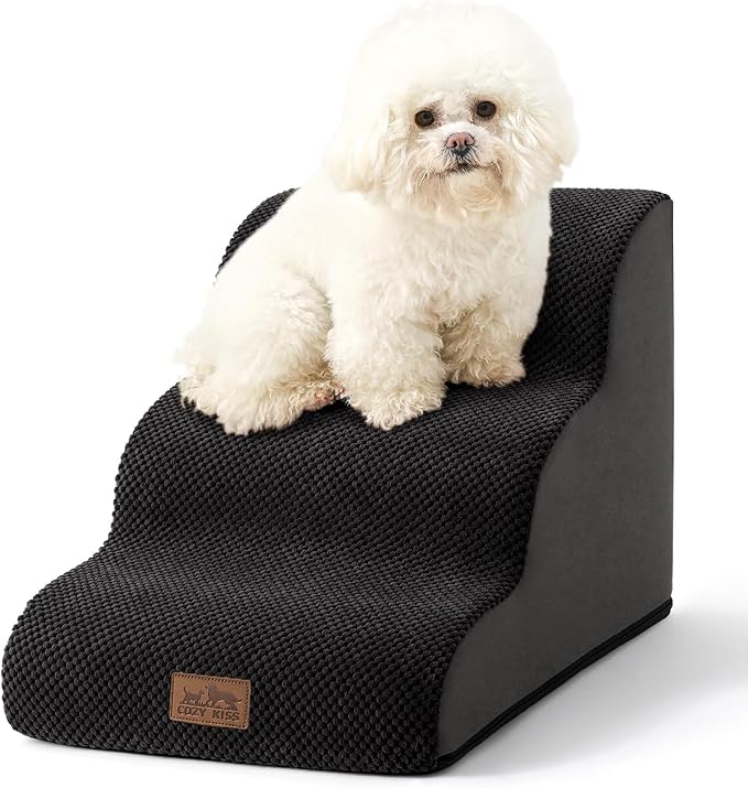 COZY KISS Wide Dog Stairs for Small Dog 15.7" H, Pet Step for Puppy, Older Cat, Curved Ramp for Couch, Durable Anti-Slip Ladder with High Density Foam, 3 Step, 17.7x22.4x15.7 inch, Black