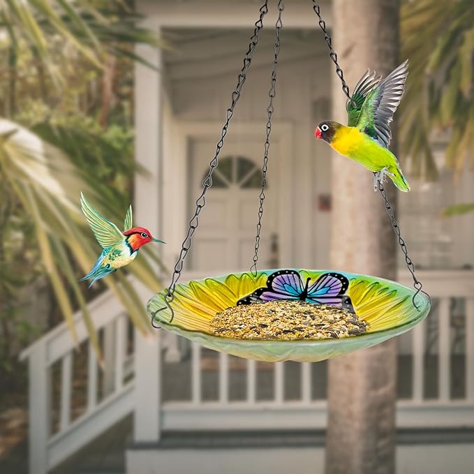 Hanging Bird Baths Outdoor Glass Birdbaths Garden Bird Feeder for Yard Lawn Decor Sunflower