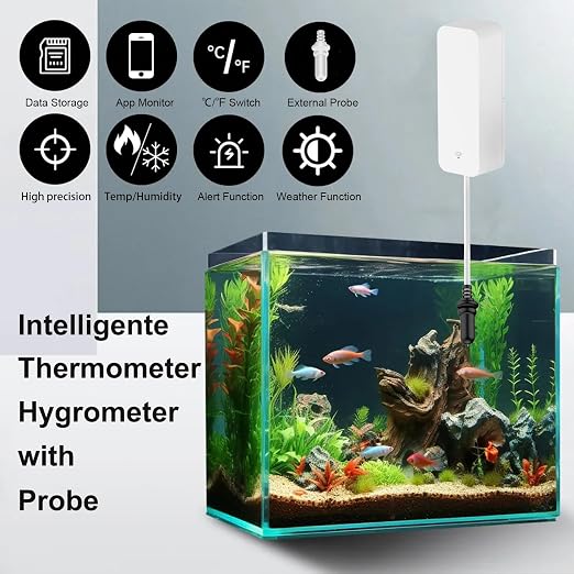 Smart Thermometer Hygrometer with Probe, WiFi Aquarium Temperature Humidity Gauge with App Remote Monitor, Indoor Refrigerator Thermometer Sensor, Data Storage&Export, Compatible with Alexa. 4PCS