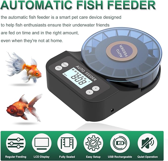 60ml Automatic Fish Feeder, USB Rechargeable Auto Fish Food Dispenser with Timer, LCD Display, Auto Vacation Timer