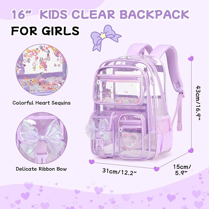 MOONBABY Clear Backpack for Girls, Clear Bookbag Heavy Duty Transparent Backpack for Stadium Events, See Through Back Pack for Kindergarten Elementary Middle High School, Purple
