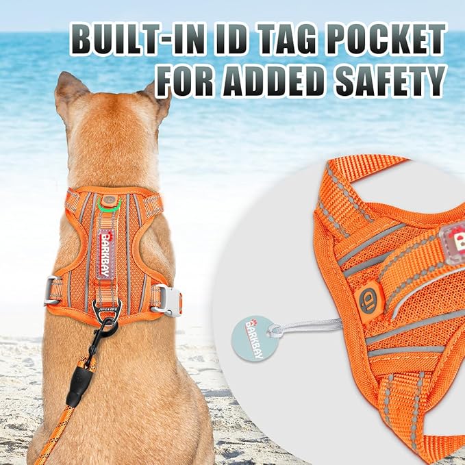 BARKBAY No Pull Dog Harness Large Reflective Dog Harness with Front Clip and Easy Control Handle for Walking Training Running with ID tag Pocket(Orange,XL)
