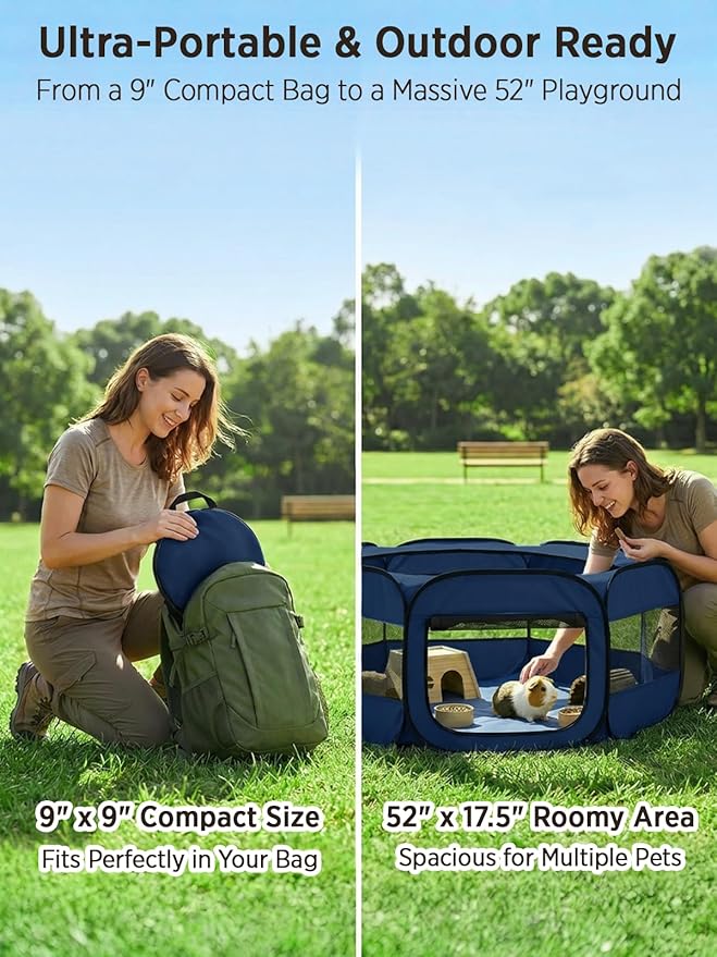 UWE Extra Large Small Animal Playpen, XL Portable Pet Playpen for Rabbit, Kitten, Guinea Pig, Hamster, Puppy – Waterproof Foldable Mesh Tent with Zipper Cover, Indoor Outdoor Use, Blue