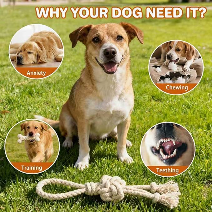 3 Pack Cotton Rope Dog Toy Set, Indestructible Chew Toys for Aggressive Chewers, Puppy Teething Toys with Bone, Human & Chinese Knot Designs for Boredom Relief & Tug of War， White