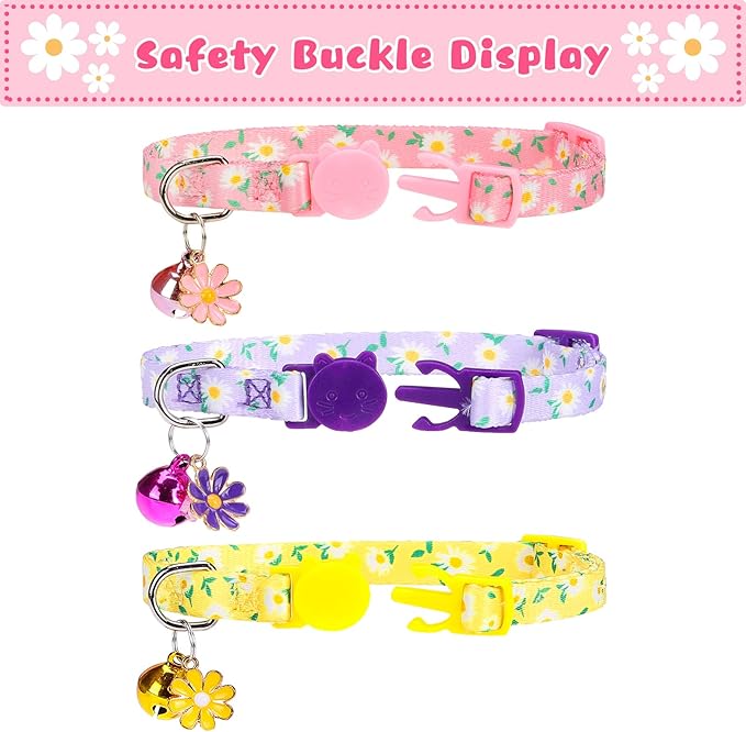 Breakaway Cat Collars with Bell & Cute Pendants, 3 Pack Safety Buckle Kitten Collars, Adjustable Pet Collar Ideal for Girl Boy Cats Puppy (Daisy Pattern)