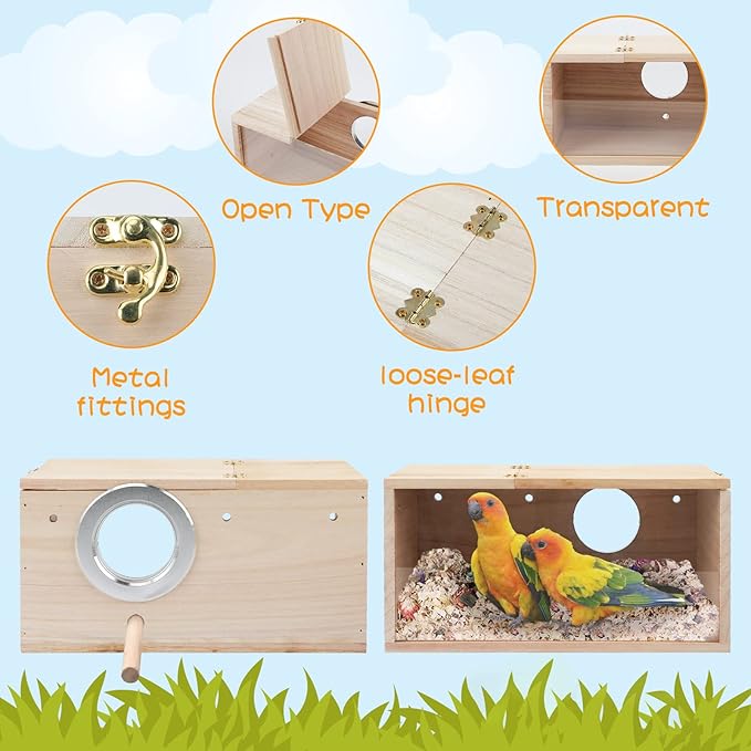 Rypet Parakeet Nesting Box Transparent Design, Thwartwise Bird Nest Breeding Box with Perch Wood Bird Cage House for Cockatiel Lovebirds Budgie Finch Parrotlets Canary M