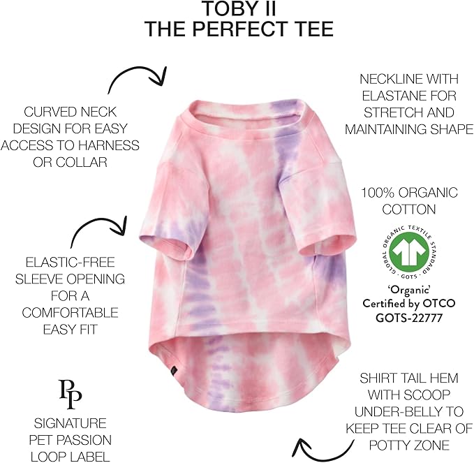 Pet Passion Toby II - The Perfect Tee, 3 Pack Short Sleeve Pet T-Shirt 100% Organic Cotton Tees Clothes for Small, Medium, Large Dogs, Pink Tie Dye, Small (10-25 lbs)