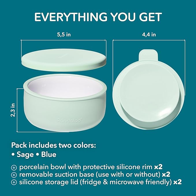 Pandaloo Porcelain Kids Bowls with Removable Silicone Sleeve & Lid – Strong Suction Base, Microwave & Dishwasher Safe, Toddler-Proof, Non-Slip Ceramic Feeding Bowls for Babies & Toddlers (Set of 2)