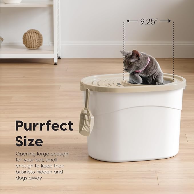 IRIS USA Cat Litter Box Large Top Entry with Lid Enclosed Covered Hooded Design Litter Catching Scatter Shield Pan Dog Proof Pet Proof Scoop Included Odor Control for Indoor Cats Kittens White/Beige