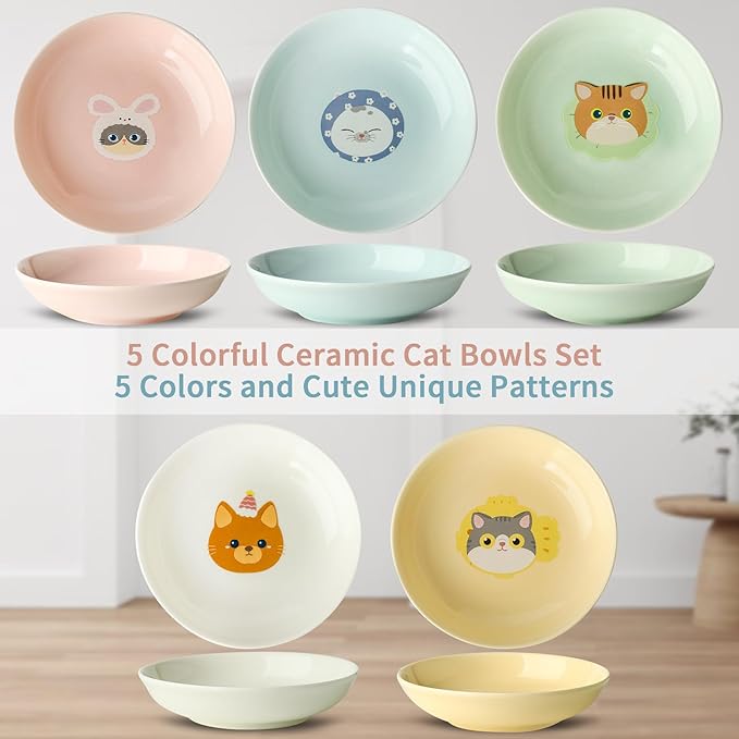 Ceramic Cat Bowls Set - 5.7 inch Cat Food Bowls Whisker Fatigue Friendly, 5 Wide Cats Plates for Wet Food Dry Food Water