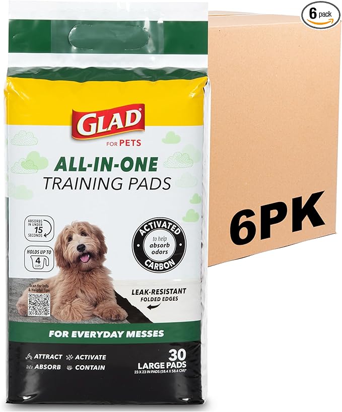 Glad for Pets Black Charcoal Puppy Pads, 23 x 23 Inch, 6-Layer Leak-Resistant Design, Activated Carbon Odor Control, Pheromone Attractant for Potty Training, 30 Count - 6 Pack