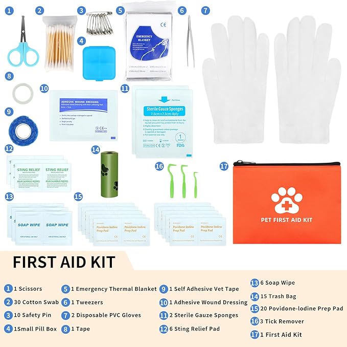Portable Pet First Aid Kit, Emergency Kit for Dogs and Cats with Tick Remover Tools, Thermal Blanket Portable Waterproof Case for Hiking, Travel, Home, Car Use（102 pcs